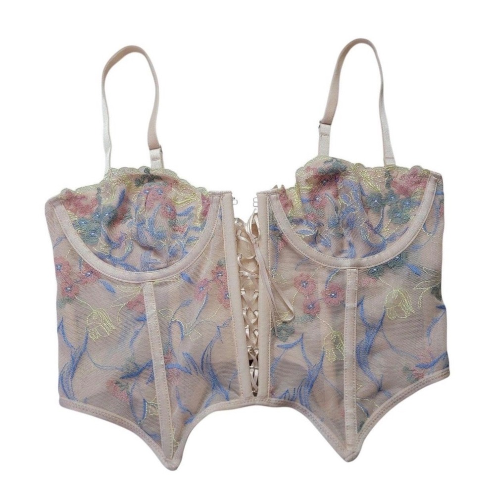 Out From Under Corset Top Womens Small Pink Floral Excellent Mesh Bustier UO